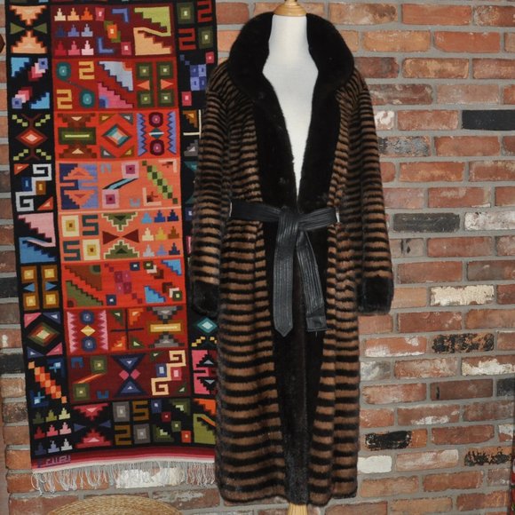 Brown Blonde Horizontal Stripe Mink Fur Full Length Long Coat Jacket, Sable Trim - Picture 3 of 13
